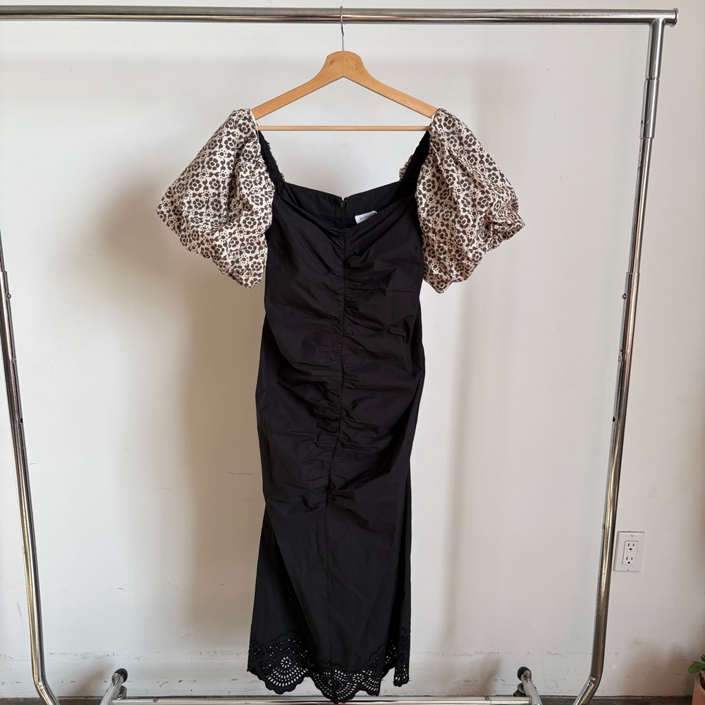 RHODE Black Midi Dress with Cream Leopard Puff Sleeves